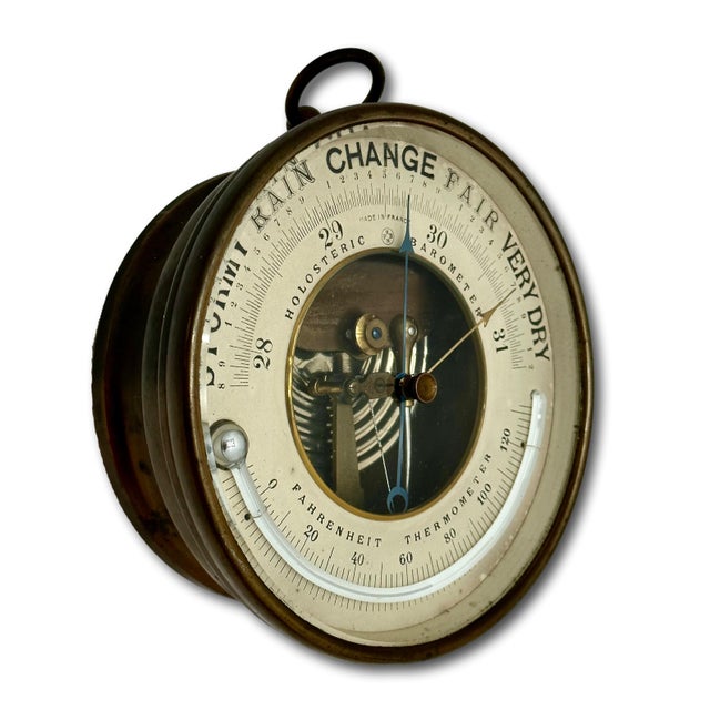 Fine Antique Brass Ships Holosteric Barometer & Thermometer by Pertius,Hulot,Bourgeois & Naudet Paris France For Sale In Boston - Image 6 of 18