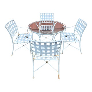 Vintage Wrought Iron Outdoor Dining Table & 4 Chairs For Sale