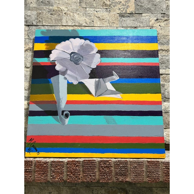 Blue Original Signed Contemporary Acrylic Painting Gallery Canvas Origami Inspired Bird For Sale - Image 8 of 11