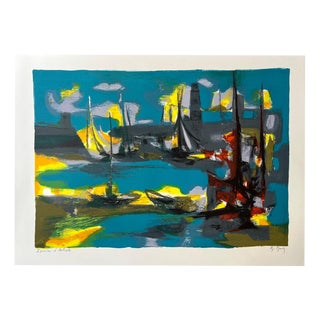 Marcel Mouly, Sailing Ships in the Port, 1940s, Lithograph For Sale