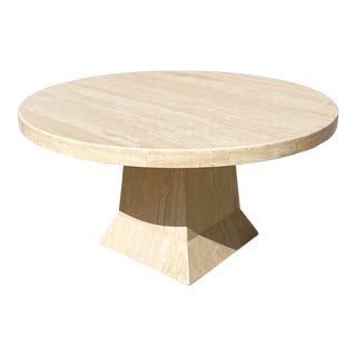 1980s Vintage Italian Travertine Round Dining Table With Pedestal Base For Sale