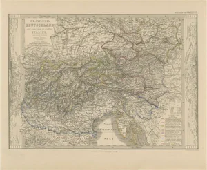 Antique Habsburg Empire Map of Southeastern Germany to Venice, 1858
