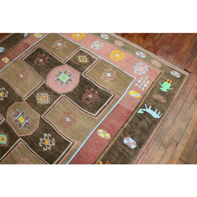 Folk Art Vintage Mid 2 0th Century Whimsical Animal Border Figurative Turkish Rug - 6'8" x 9'2" For Sale - Image 3 of 6