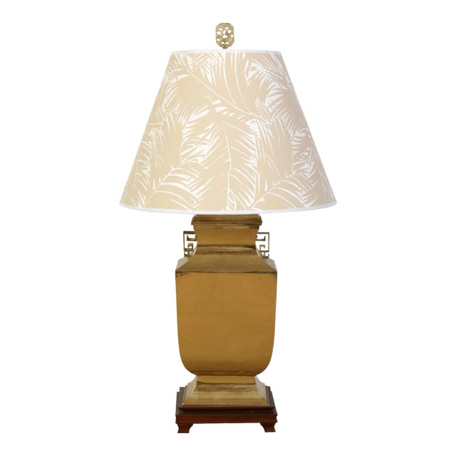 Brass Urn Lamp With Chinoiserie Handles on Wood Base For Sale