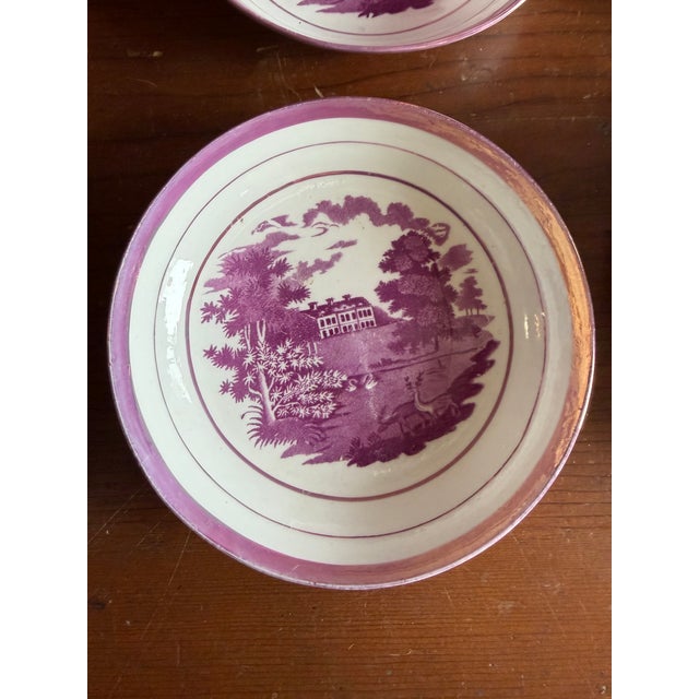 1805 Rare Antique Set of Four Pink Lustre and Bat Printed Pearlware Handled Cups and Saucers, Attributed to Thomas Wolfe - Set of 8 For Sale - Image 16 of 17