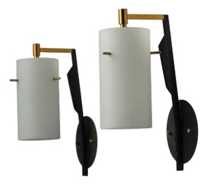 Mid-Century Modern Italian Sconces in Brass and Black with Opaline Glass Shades, 1950s, Set of 2