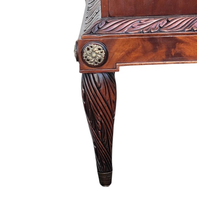 1920s Mahogany Leather Top Sofa End Table Brass Column Lion Pull Carved For Sale - Image 11 of 16