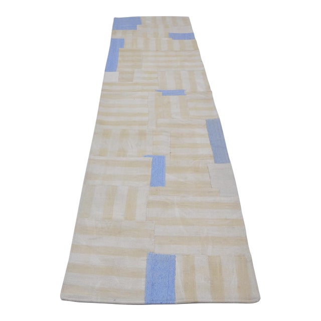 1960s White and Blue Stripe Kilim Runner For Sale