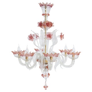Venetian 6-Light Chandelier in White and Pink Murano Glass, 1960s For Sale