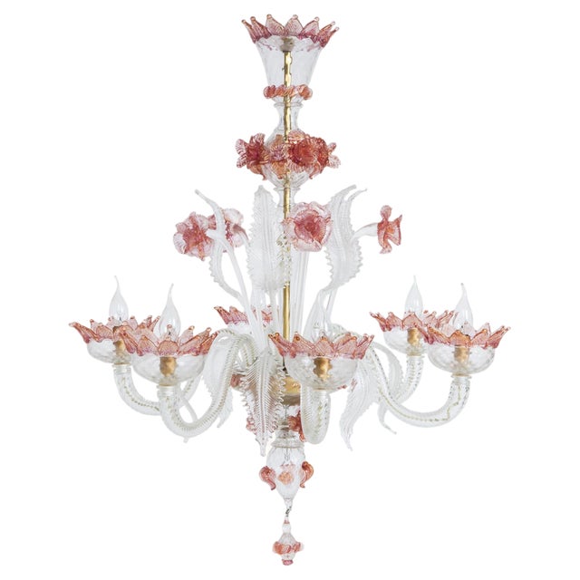 Venetian 6-Light Chandelier in White and Pink Murano Glass, 1960s For Sale