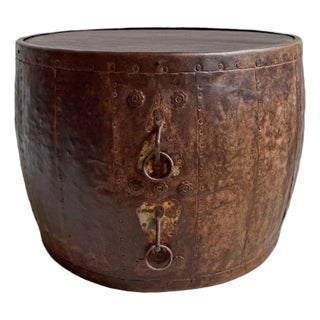 Vintage Iron Barrel Outdoor Side Table For Sale