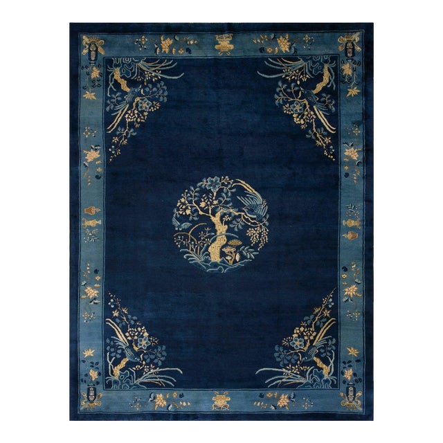 Radiant Navy Blue Color With Beautiful Florid Design Antique Chinese Peking Rug For Sale