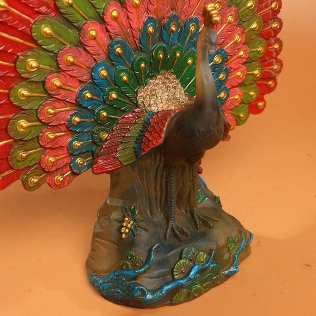 Metal Colored Glaze Figure of a Peacock in Full Display For Sale - Image 7 of 9