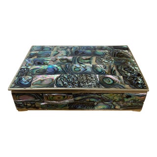 Vintage Mid 20th Century Mexican Silver & Patchwork Rainbow Abalone Shell Covered Box For Sale