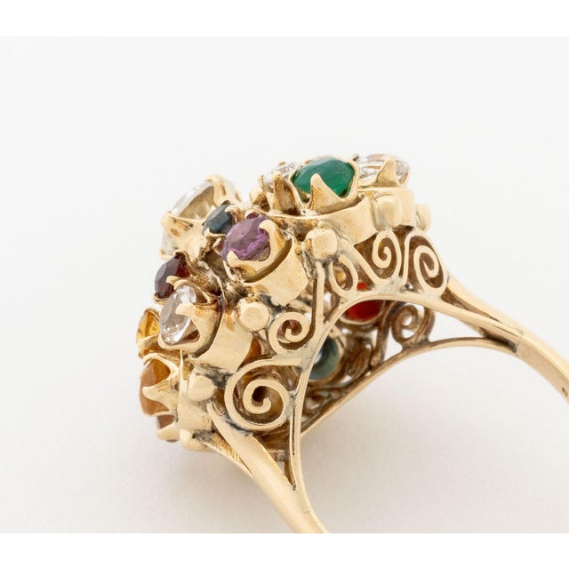 14k Yellow Gold and Multicolored Gemstone Cluster Ring For Sale - Image 9 of 13