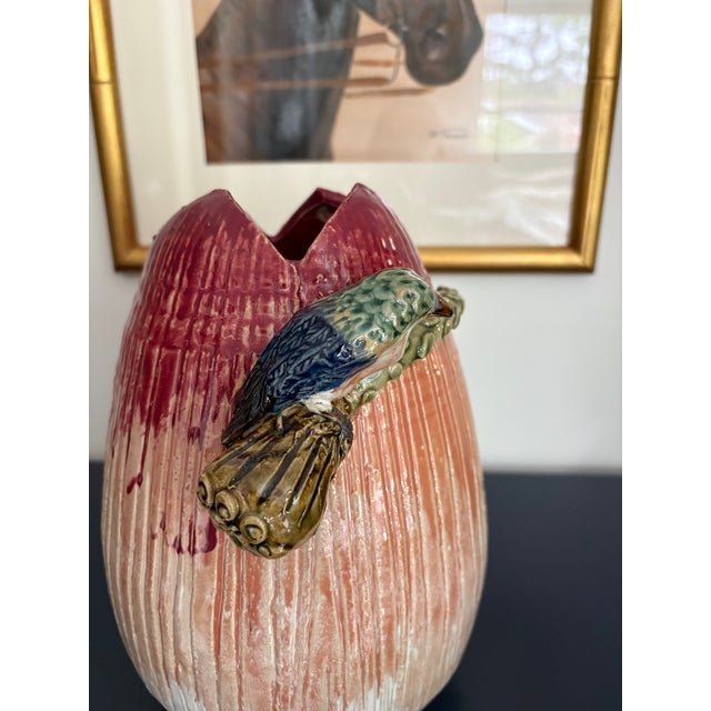 Vintage Majolica Bird Water Lily Vase Chinese Ceramic 10''h For Sale In Charlotte - Image 6 of 14
