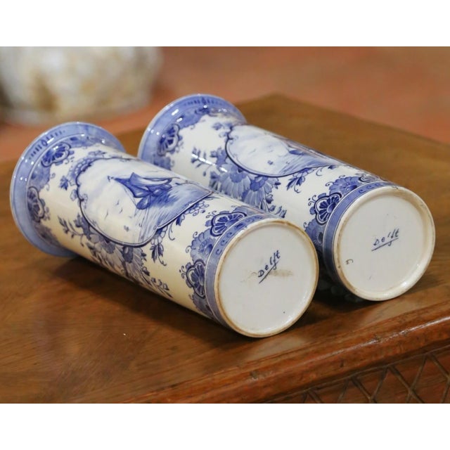 Blue Pair of Early 20th Century Dutch Delft Faience Vases With Sailboat Scenes For Sale - Image 8 of 9