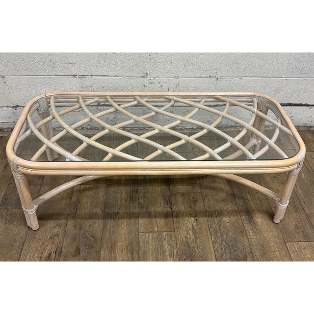 Mid-Century Modern Vintage MCM Style Organic Coastal Rattan Bamboo Glass Coffee or Cocktail Table For Sale - Image 3 of 11