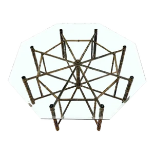 Very Large Octagonal Glass Top Leather Strapped Bamboo McGuire Dining Table