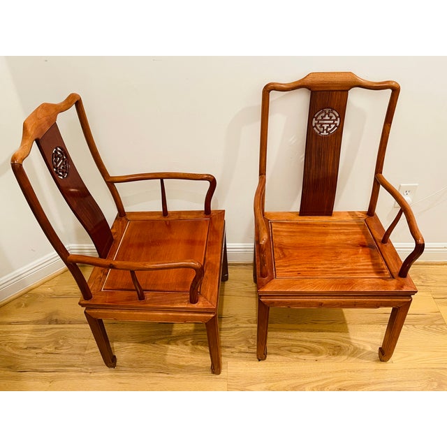 Gorgeous Pair of 1960s Chinese Teak Wood Horseback Armchairs For Sale In Miami - Image 6 of 10