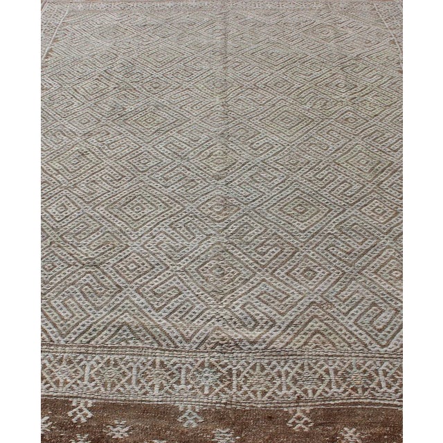 Mid 20th Century Large Vintage Embroidered Flat-Weave in Ivory and Brown With Geometric Design For Sale - Image 5 of 12