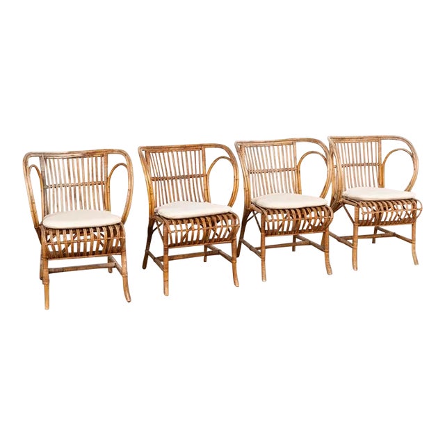 Vintage Set of 4 Bamboo Wicker Arm Chairs by Robert Wengler, Denmark 1960's For Sale