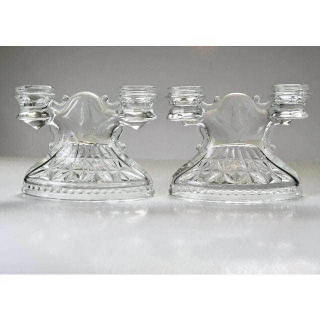 Vintage Pressed Glass Double Candlesticks- A Pair For Sale - Image 4 of 6