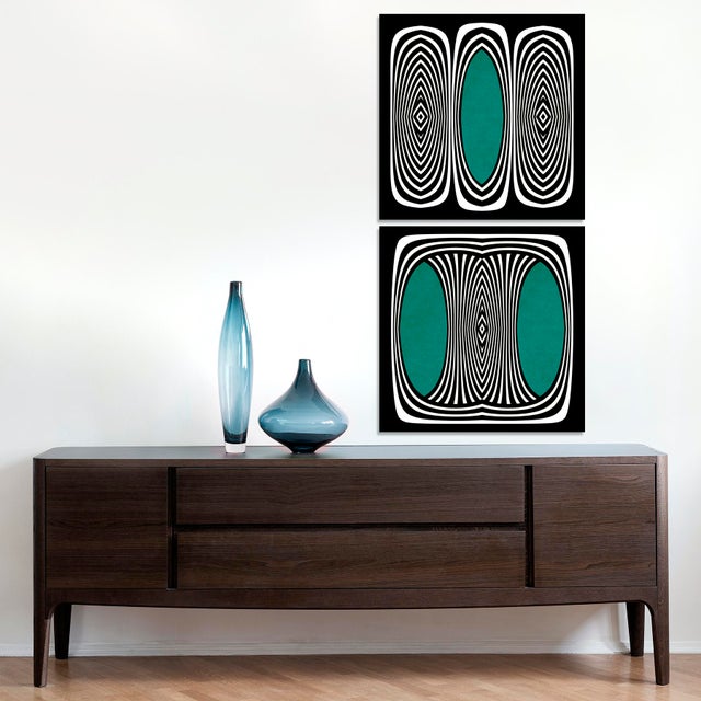 Art Deco Prints 2pc Set Geometric Diptych Teal Accent Artwork by Angela Cameron For Sale - Image 4 of 4