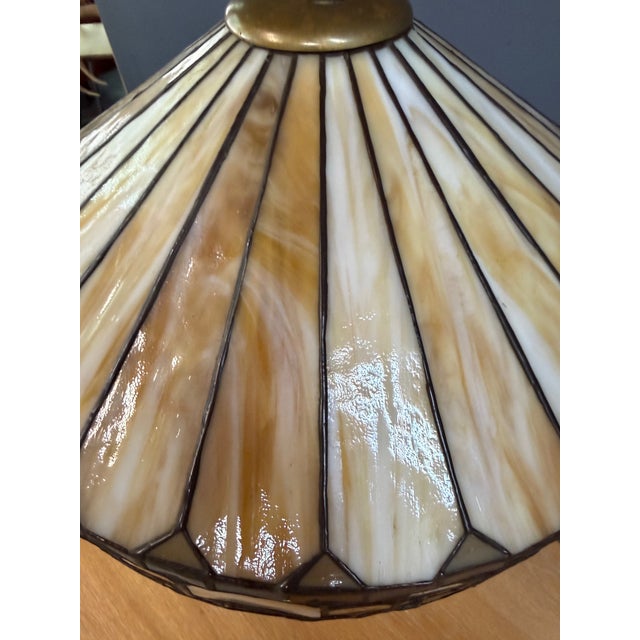 1900 - 1909 Antique Duffner & Kimberly Leaded Glass Table Lamp, Geometric Banded Shade For Sale - Image 5 of 11