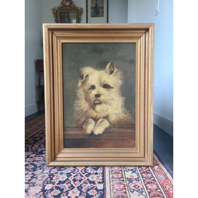 Stunning Victorian-era dog portrait of a playful white terrier with a lopsided ear and a droopy tongue. Original and one...