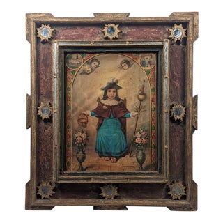 Antique Spanish Colonial Santo Niño De Atocha Retablo in Giltwood Mirrored Frame For Sale