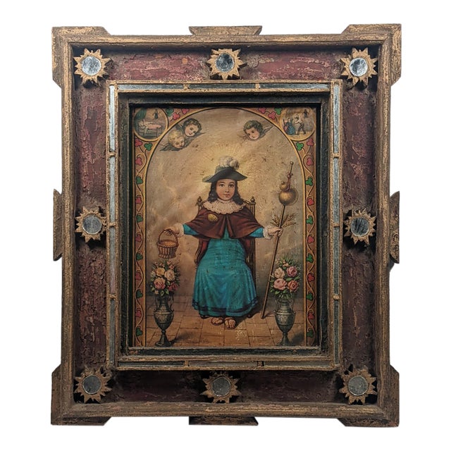 Antique Spanish Colonial Santo Niño De Atocha Retablo in Giltwood Mirrored Frame For Sale