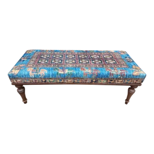 Handmade Blue Printed Rug Fabric Upholstered Dining Bench