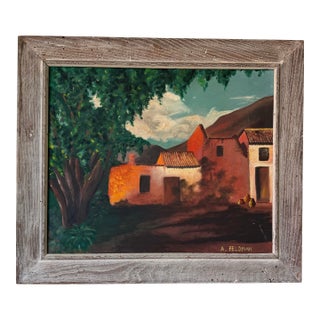 1970s A. Feldman Rustic Village Scene Oil on Canvas Painting, Wood Frame For Sale
