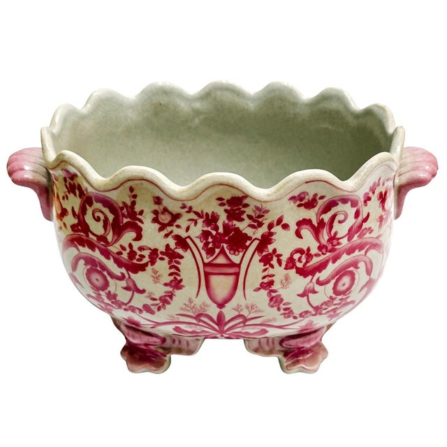 Chinoiserie cachepot in the style of the highly sought-after United Wilson porcelain designs and featuring a vibrant pink...