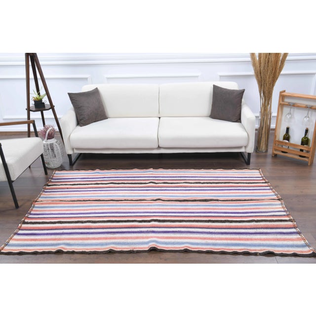 Boho Chic Vintage Turkish Oushak Handmade Wool Cotton Pink Kilim Area Rug For Sale - Image 3 of 11