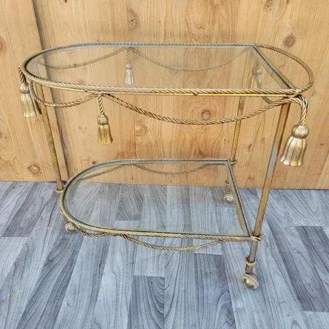 Hollywood Regency Italian Gilt Rope & Tassle Drinks Trolley Bar Cart This fabulous Italian mid century Hollywood Regency...