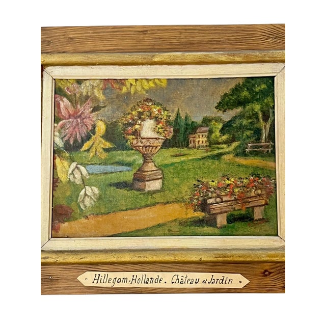 Antique French Chateau and Garden Landscape Painting Folk Art Frame Oil on Board For Sale - Image 4 of 15