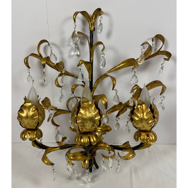 Large Pair French Gold Gilt Rock Crystal Flower Baguès Sconces, Large Pair of Bagues Style Gilt Metal Floral Wall Sconces...