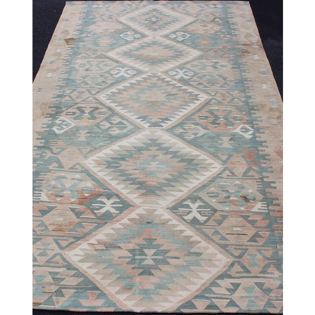 Textile Vintage Turkish Kilim Rug in Soft Blue, Beige, and Muted Coral Geometric Design For Sale - Image 7 of 13