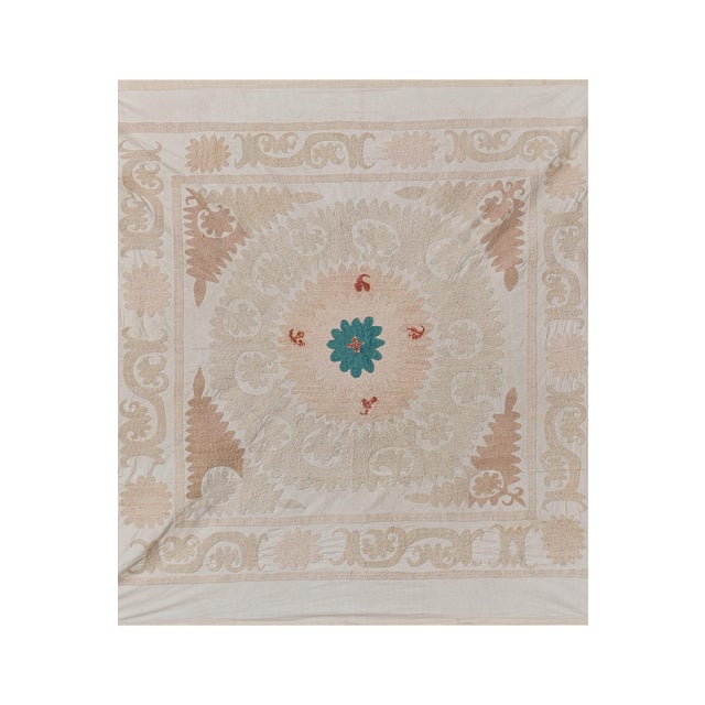 Mid-Century Modern Suzani Bedspread - Neutral Beige Uzbek Table Cloth For Sale - Image 3 of 11