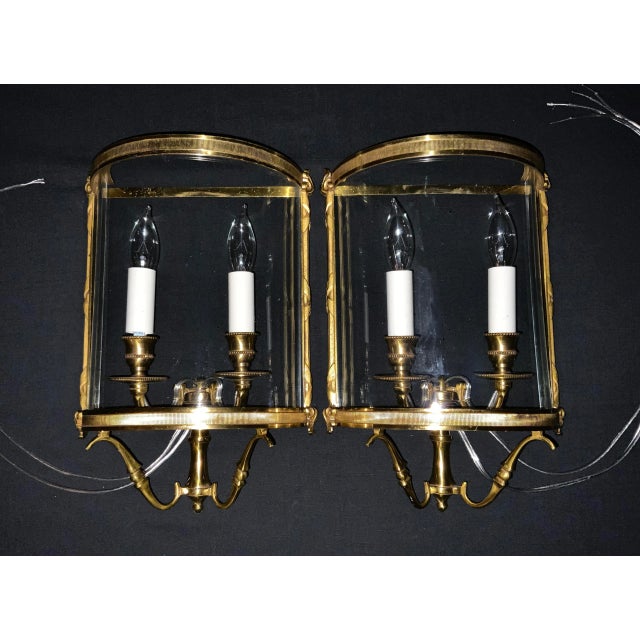 Metal Pair of Mid 20th Century French Bronze Convex Half Lantern Wall Sconces, Louis XVI Ribbon & Reed For Sale - Image 7 of 10