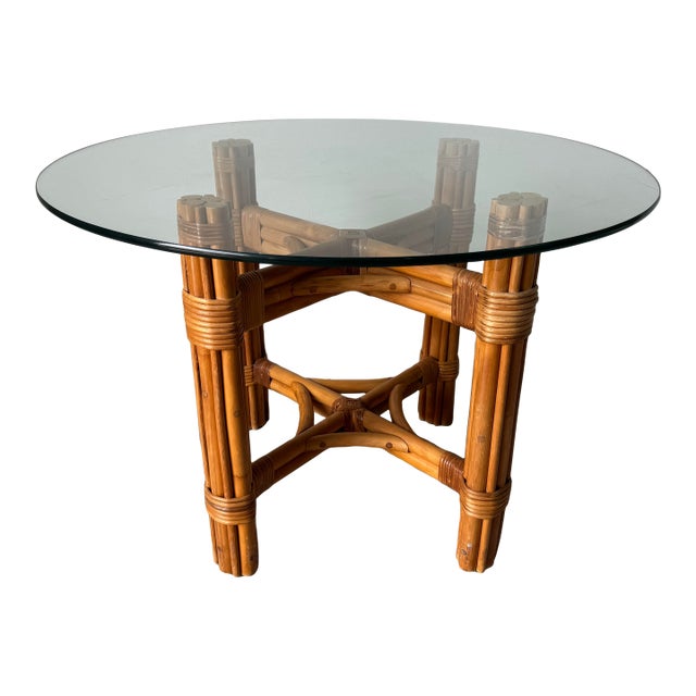 Vintage Coastal Rattan Dining Table With Round Glass Top/ Sold For Sale