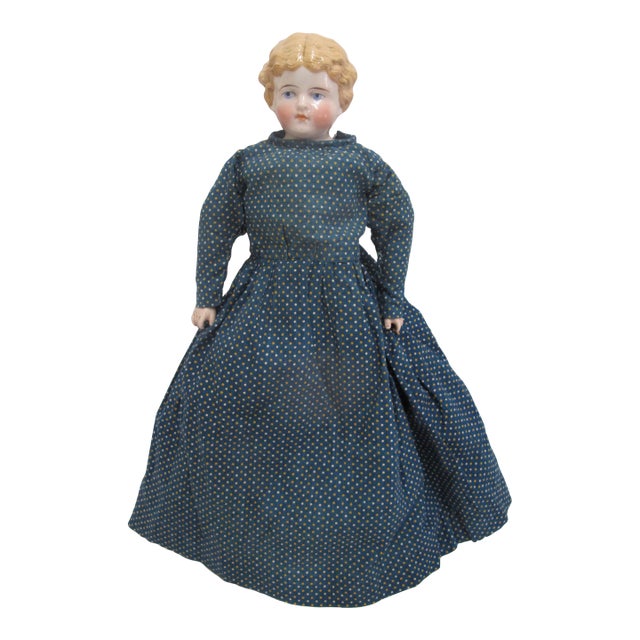 Antique German Colonial China Head Leather & Bisque Blonde Hair Blue Eye Doll For Sale