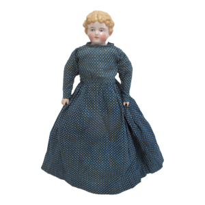 Antique German Colonial China Head Leather & Bisque Blonde Hair Blue Eye Doll