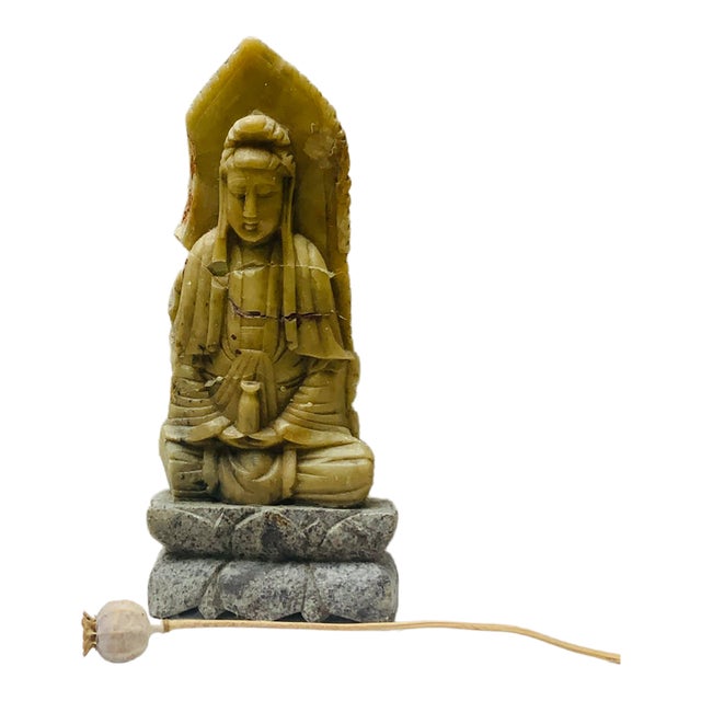 Antique Chinese Hand-Carved Green Stone Buddha Sculpture With Base For Sale