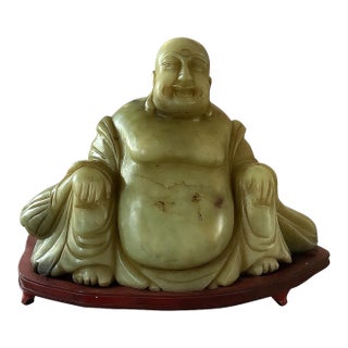 Monumental Antique Chinese Jade-Like Happy Buddha Sculpture on Custom Wooden Base, One-Piece Hand-Carved Jade | Symbol of Prosperity & Joy For Sale