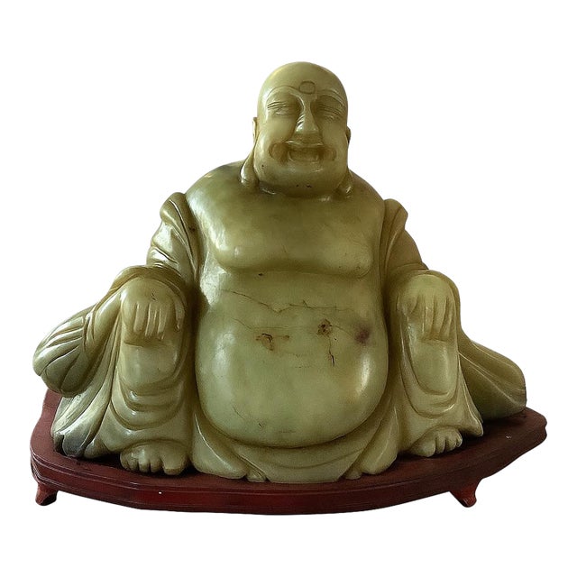 Monumental Antique Chinese Jade-Like Happy Buddha Sculpture on Custom Wooden Base, One-Piece Hand-Carved Jade | Symbol of Prosperity & Joy For Sale