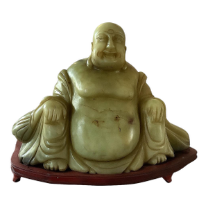 Monumental Antique Chinese Jade-Like Happy Buddha Sculpture on Custom Wooden Base, One-Piece Hand-Carved Jade | Symbol of Prosperity & Joy