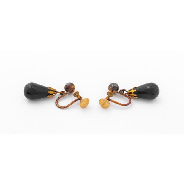 Victorian Victorian 14k Gold & Black Onyx Drop Earclips For Sale - Image 3 of 4